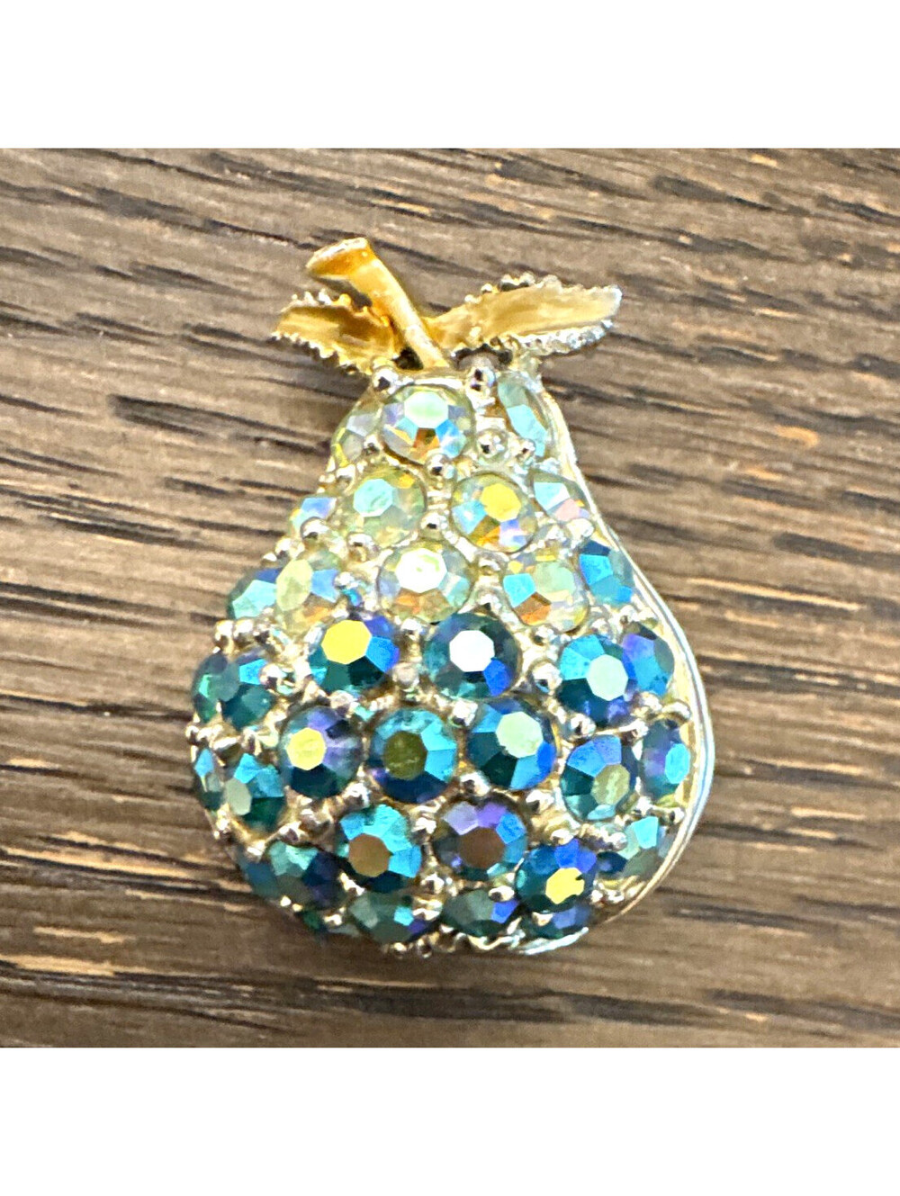 Estate Pear Brooch Gold Blue Aurora Borealis Rhinestones